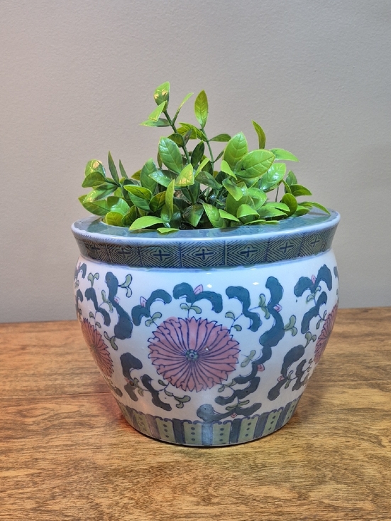 Vintage Other - Vintage White Ceramic Planter with Green and Pink Floral Motif